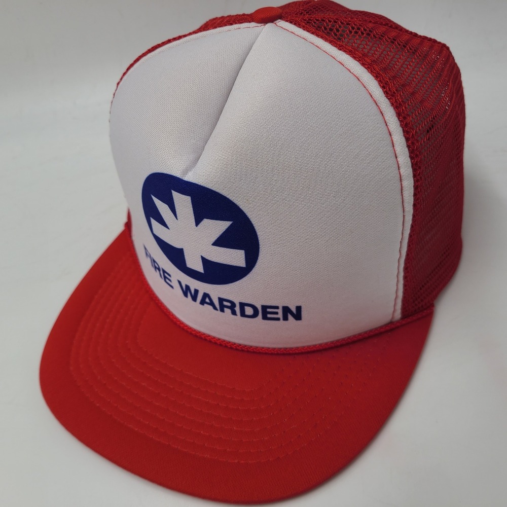 Vintage Fire Warden Hat Snapback Trucker Mesh Red White Rope Logo Novelty Men